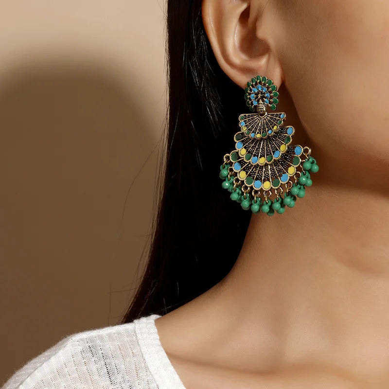 

Luxury Earrings Simulated Pearls Ethnic Beads Statement Peacock Chandelier Earrings India Bride Jewellery Party 2021 New Trend