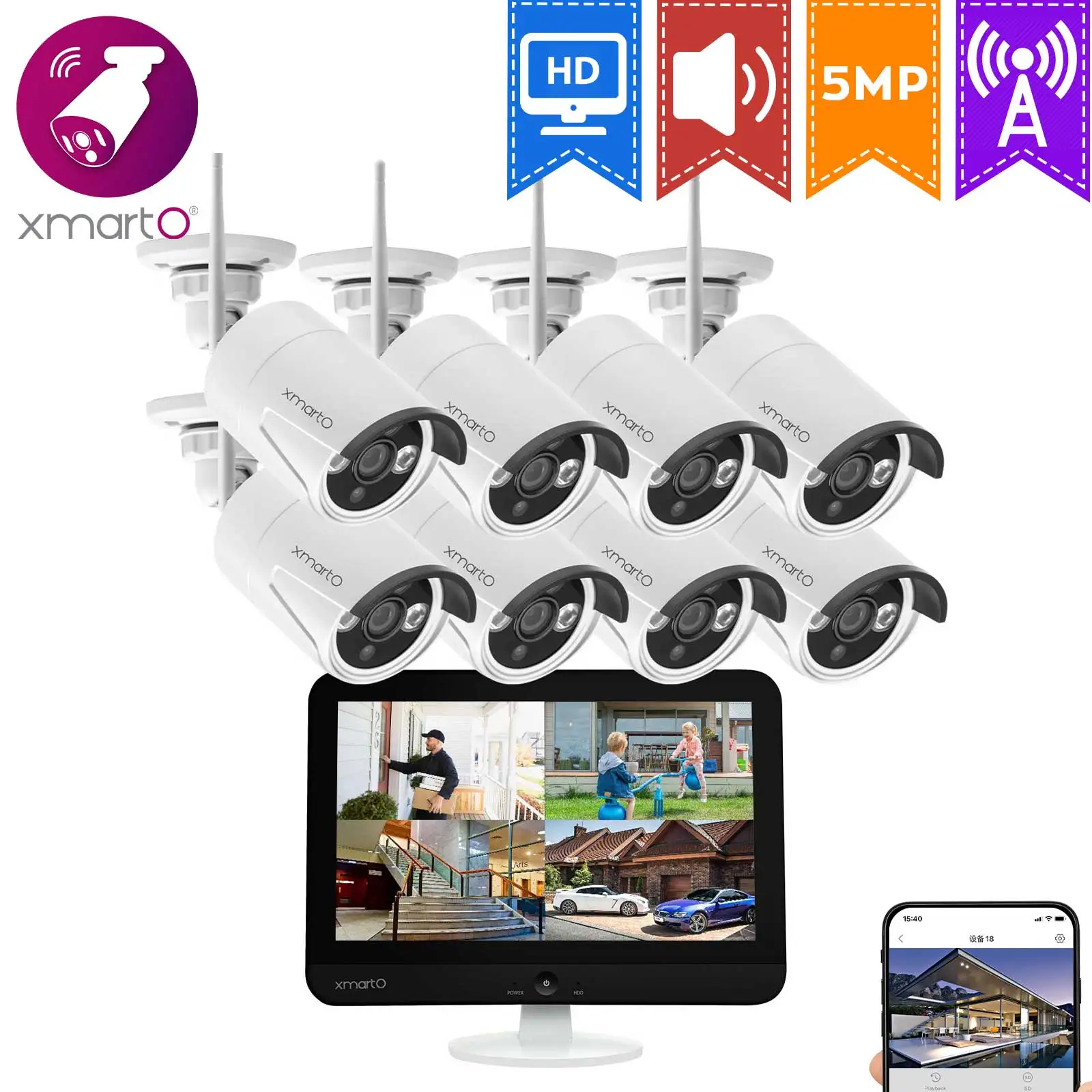 

XmartO 2K HD 1296/1080P Factory Security Camera System With 12.5Inch IPS Screen NVR,Night Vision, Human Detection, Weatherproof