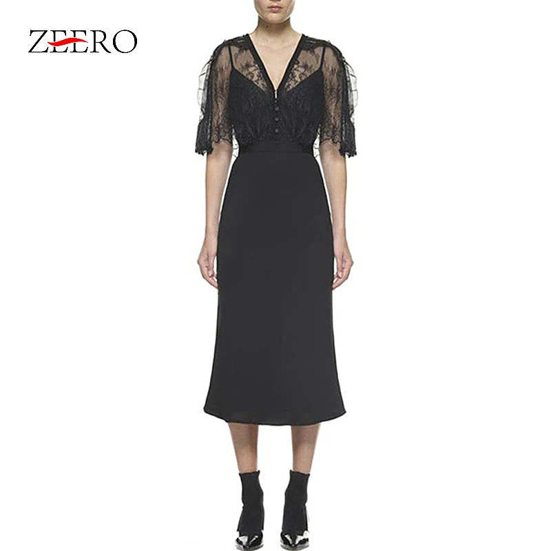 Женское кружевное платье Автопортрет Черное длинное облегающее с рукавом до