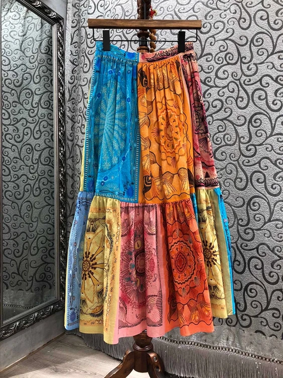 

2020 autumn and winter new women's elastic waist color matching stitching printing all-match mid-length skirt 1218