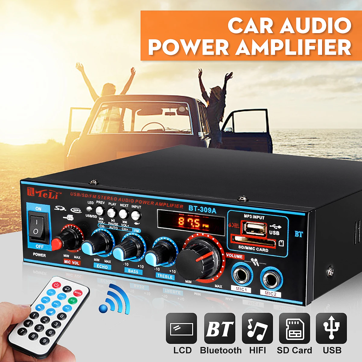 Автомобильный домашний аудио усилитель мощности Bluetooth Hi-Fi стерео усилитель fm-радио автомобильный домашний караоке усилитель 12 В/220 В 100 Вт+ 100 Вт