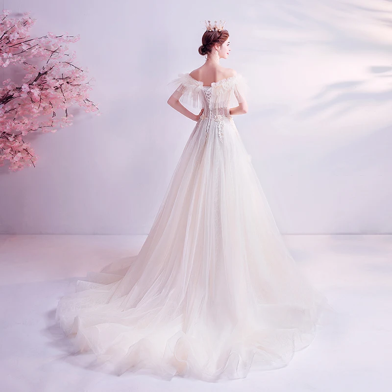 Sexy Off Shoulder Lace Up Court Train A-Line Wedding Dress 2020 Luxury Flowers Appliques Princess Bride Gown Robe De Mariage | Свадьбы и