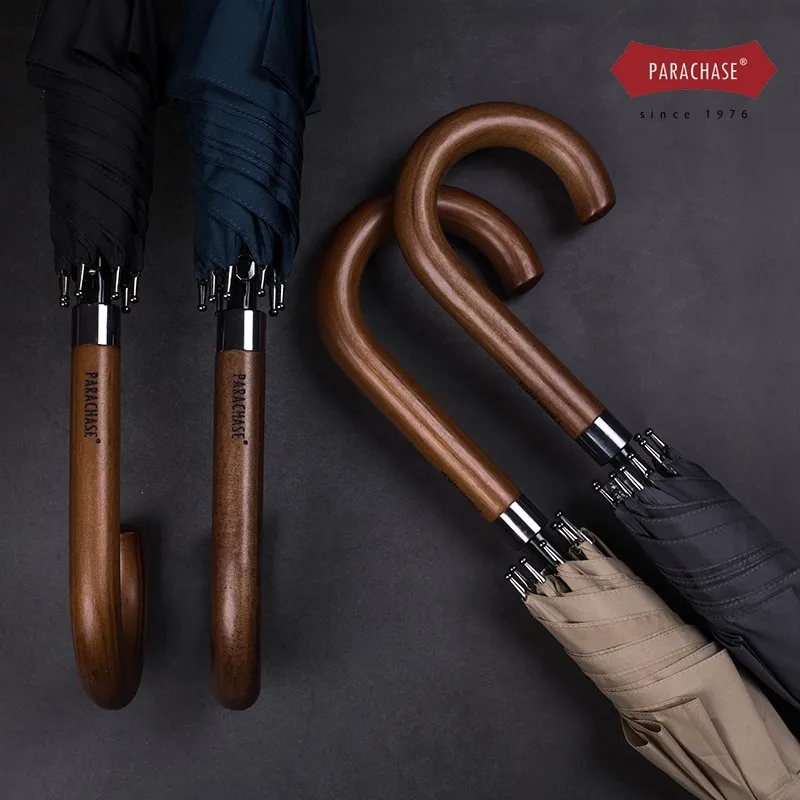 

Зонт с длинной ручкой Parachase, мужской/женский Автоматический зонтик с защитой от ветра, 8 ребер, большой черный