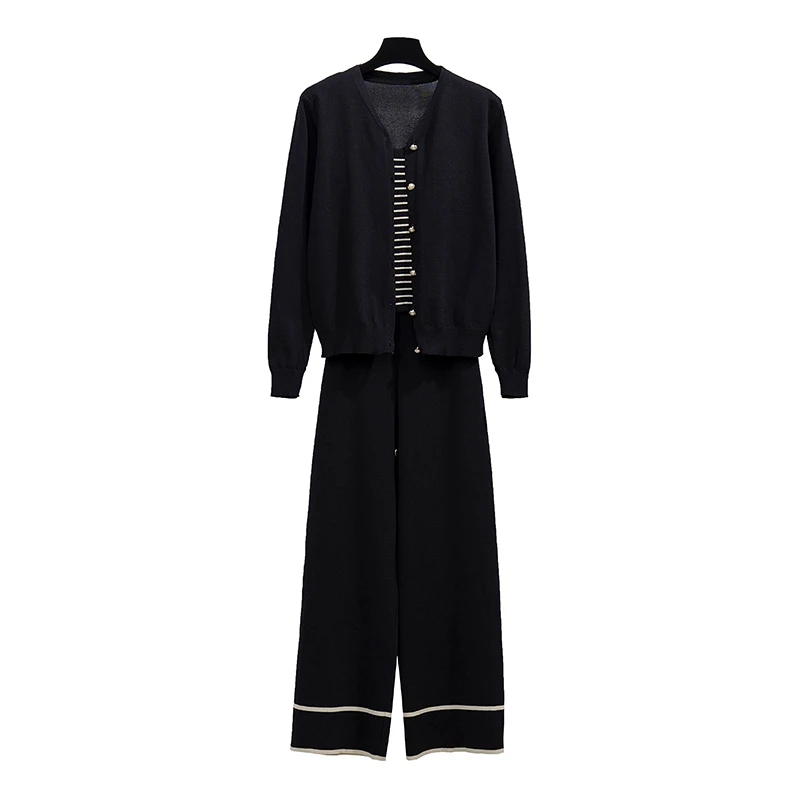 

Women Black Outfit V Neck Top Pants Leisure Fashion Knitted Suits Autumn Wide-Legged Trousers Condole
