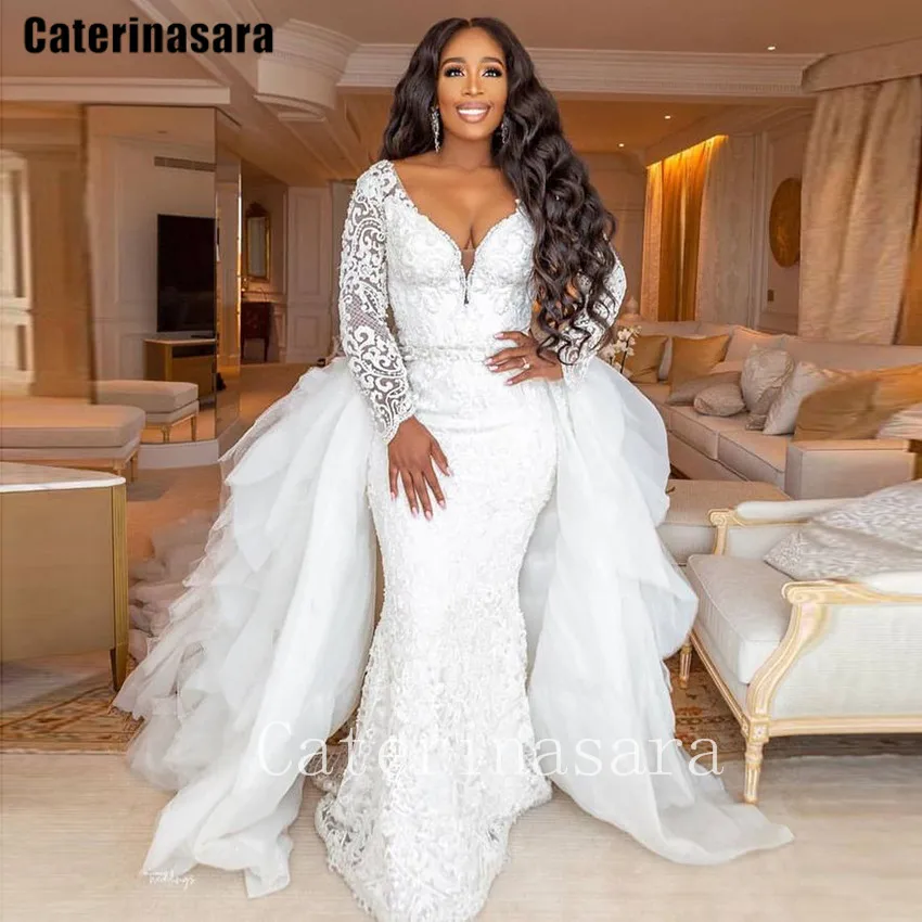 

White Detachable Organza Train Lace Mermaid Wedding Dress Sweetheart Long Sleeves Bridal Gown