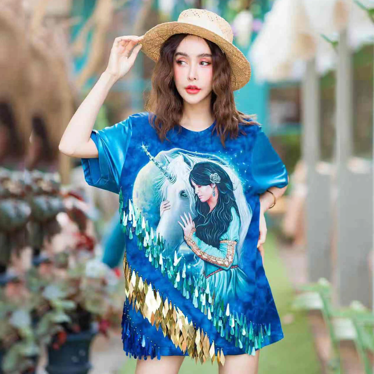 

Original Thai tide brand spring and summer 2020 new pure handmade heavy industry beaded sequin tie-dye printing sweet T-shirt