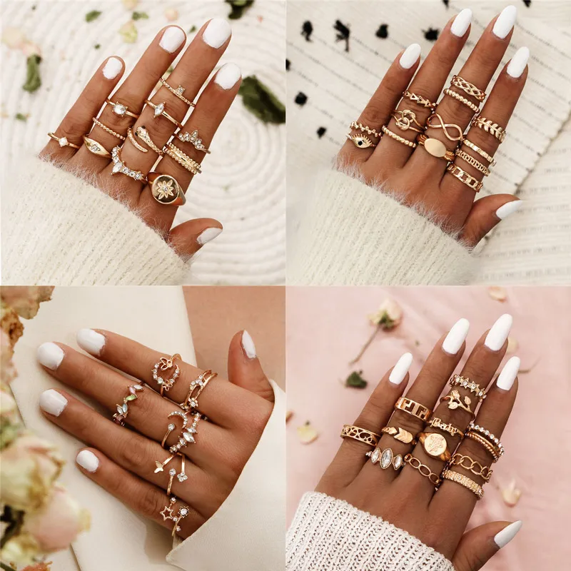 

Modyle New Vintage Punk Gold Silver Color Crystal Ring Set for Women Fashion Retro Antique Finger Ring Party Jewelry Gifts