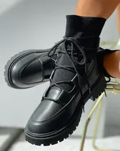Bottes noires en cuir à lacets pour femmes, chaussures à semelles compensées, hiver 2021  (3)