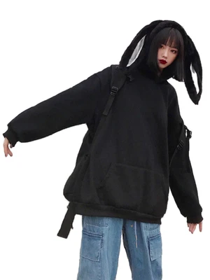 

Arrival Autumn Winter Cute Rabbit Ear Hooded Top Women All-match Sexy Solid Black Sweatshirt Hoodie