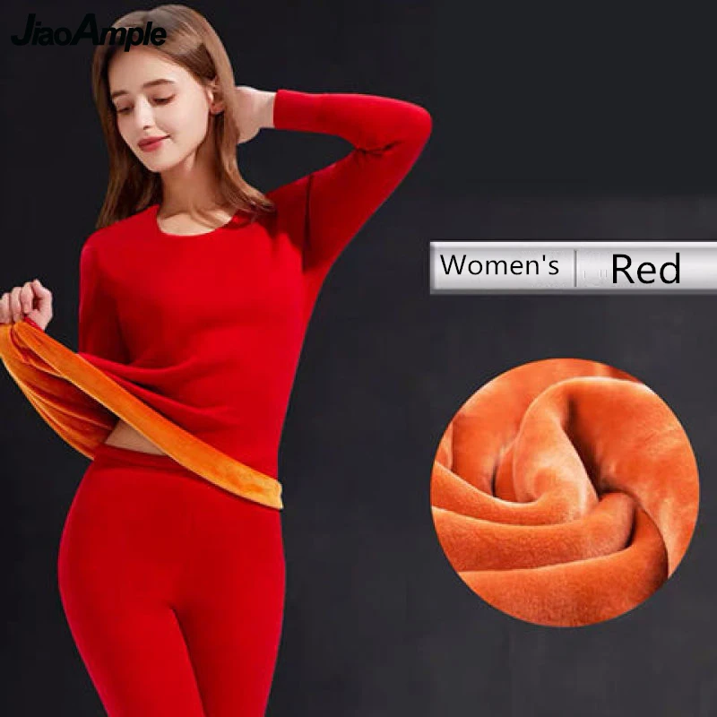 Winter Plush Fleece Warm Clothing Set Men Women Solid Classic Thick O-Neck Underwear Set Basic Thermal Tops Velvet Homewear