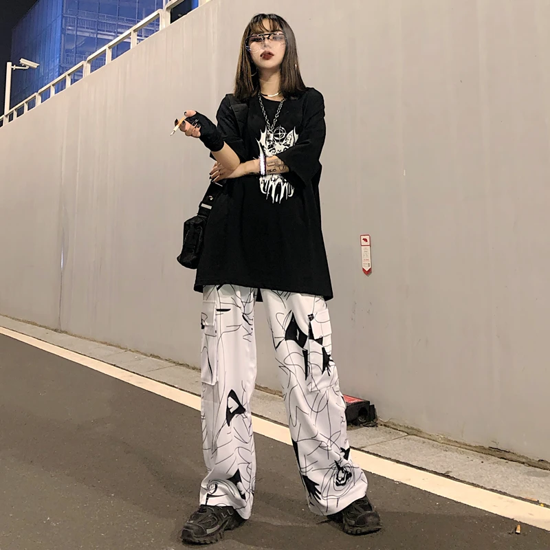 Lychee Harajuku Эластичный пояс хит цвет женские брюки большой карман летние женские брюки свободные прямые широкие женские брюки