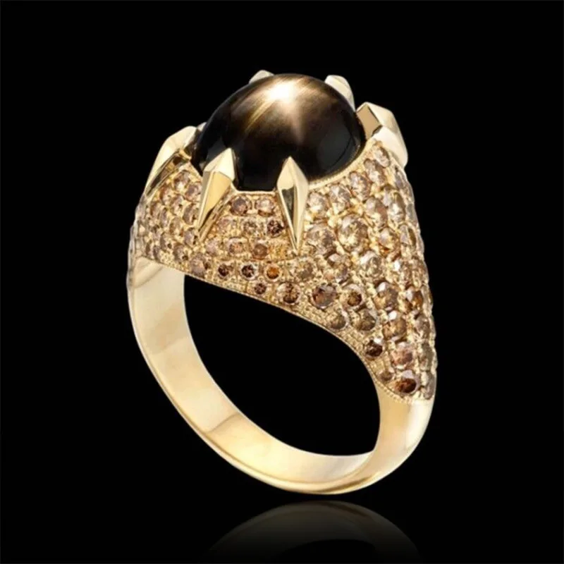 Великолепные золотые металлические кольца с черным камнем для женщин роскошные