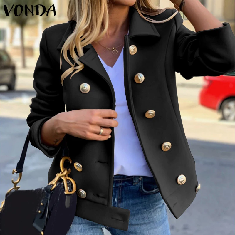 

VONDA Autumn Winter Warm Coats 2022 Women Jackets Lapel Collar Double Breasted Long Sleeve Casual Jackets Veste Femme Overcoats