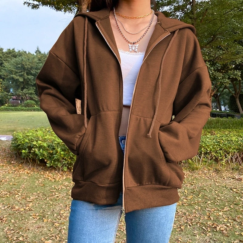

Zip-up women korean style hoodies Vintage solid color long sleeve oversized hooded Sweatshirt lady female casual big coats
