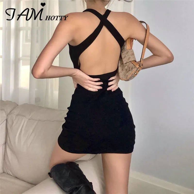 

Женское платье с открытой спиной Iamhotty, винтажное облегающее мини-платье с лямкой через шею, готическое летнее облегающее платье, модель 202