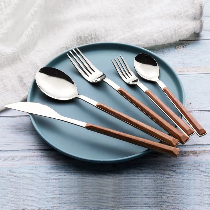 

Western Dinnerware Set Wood Handle Stainless Steel 1/2/6/12/24/36 pcs Steak Table Knife Fork Spoon Dessert Fork Cutlery Sets