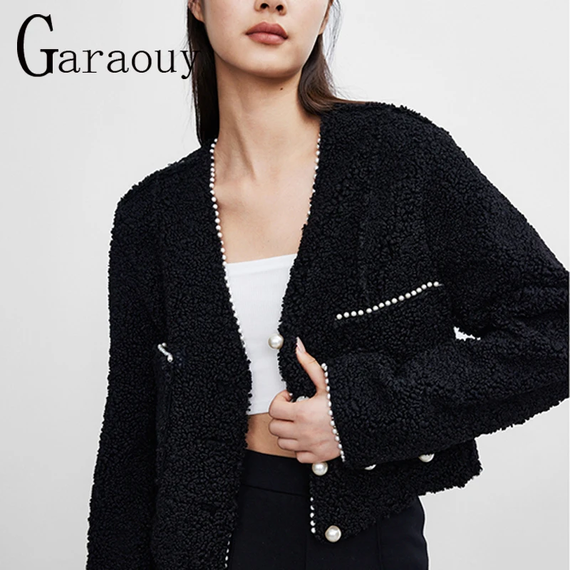 

Garaouy 2022 New Cashmere Loose Sweet Coats Pearl Big Pocket Cardigan Jacket Women Autumn And Winter Short Lambswool Top Coat