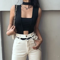 2021 summer fashion womens sexy hollow solid jumpsuit round neck sleevess black slim fitthin rompers new all match streetwear