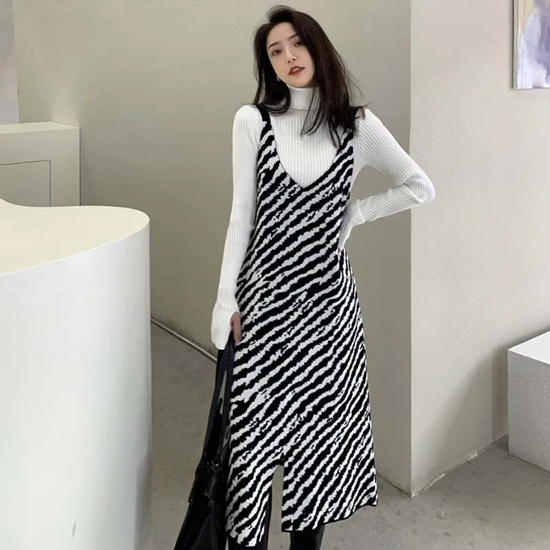 

Korean Stripe Office Lady Mid Sweaters Dress Autumn Winter Women Elegant Sling Knitting Dress One-Piece Robe Pull Femme Dresses