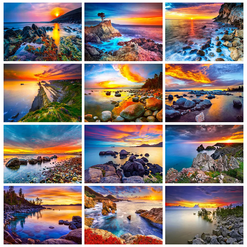 

HUACAN Full Square/Round Diamond Painting Landscape Sunset Pictures Of Rhinestones 5D Diamond Embroidery Seaside Mosaic Wall Art