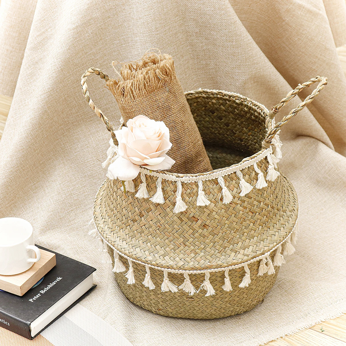 Handmade Bamboo Seagrass Wicker Storage Basket with White Tassel - Garden Flower Pot, Laundry Container, and Toy Holder image 6