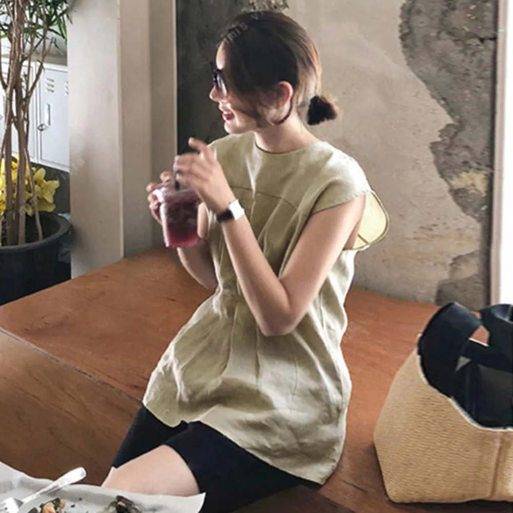 

2020 Japanese Women Clothing Summer Office Ladies Tank Top Sleevelss Simple Design Linen Tops Pullover Casual Tank Female