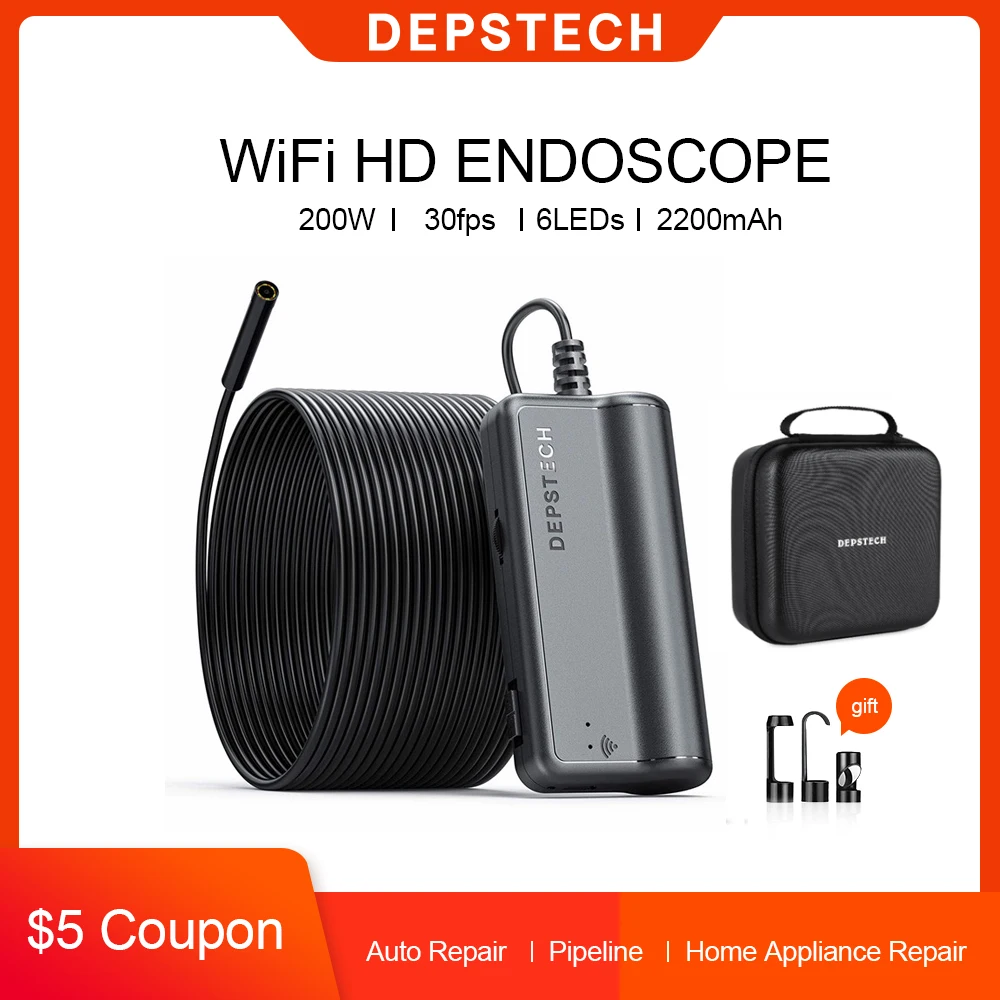 

Камера-Эндоскоп DEPSTECH 1920x1080 WiFi, бороскопы с кабелем 10 м, аккумулятор 2200 мАч, промышленный эндоскоп для Android/iOS/планшета