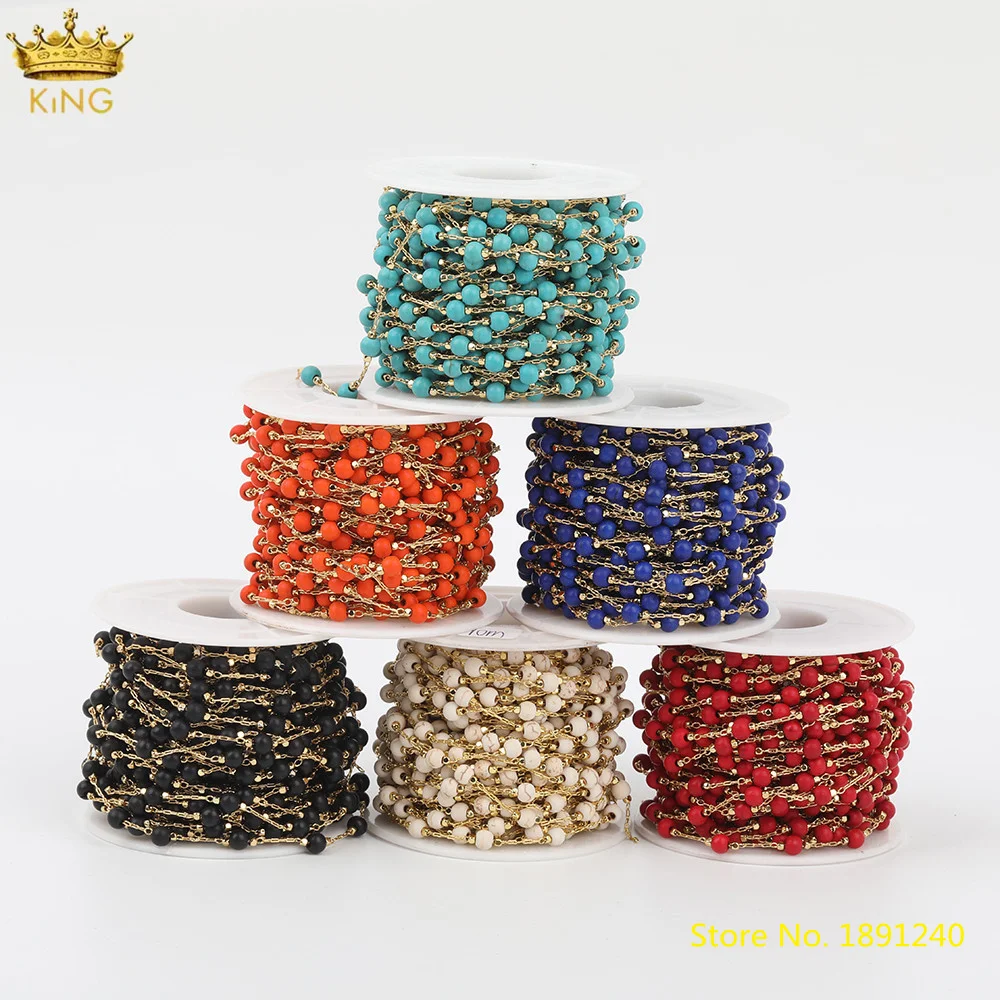 

5meters 4mm Howlite Beads Chains,Natural Turquoises Round Beads Wire Wrapped Plated Gold Rosary Chains For DIY Jewelry Making