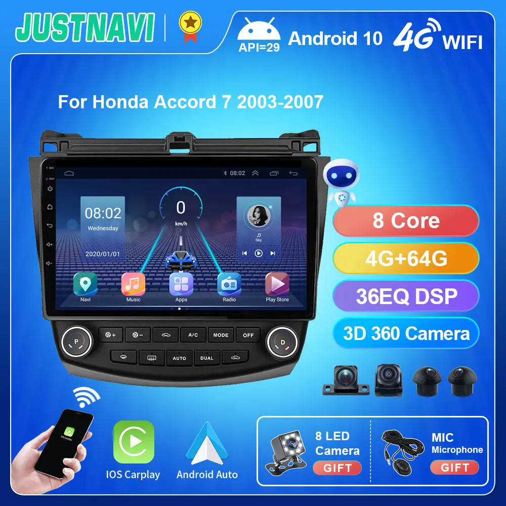 

JUSTNAVI Stereo For Honda Accord 7 2003-2007 Car Radio Carplay 4G Multimedia Navi GPS Autoradio Android Auto Headunit Video 10''