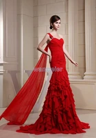 free shipping 2016 new arrival hot fairy tale dress one shoulder custom sizecolor red crystal mermaid chiffon bridesmaid dress