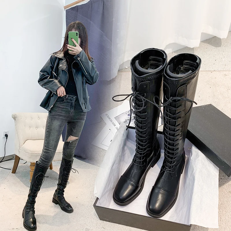 Рыцарские сапоги с высоким перекрёстное Вязание до колена женские замшевые