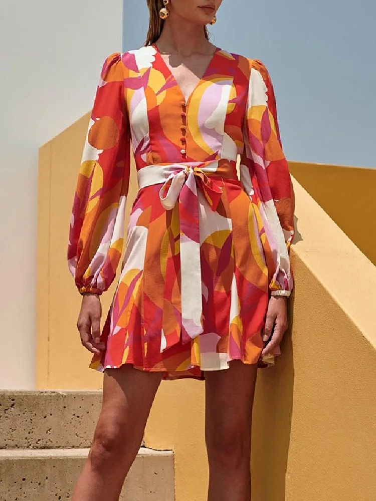

Big brand loose chiffon print geometric pattern ladies pleated sexy dress 2020New women's wear autumn long-sleeved tutu skirt XL