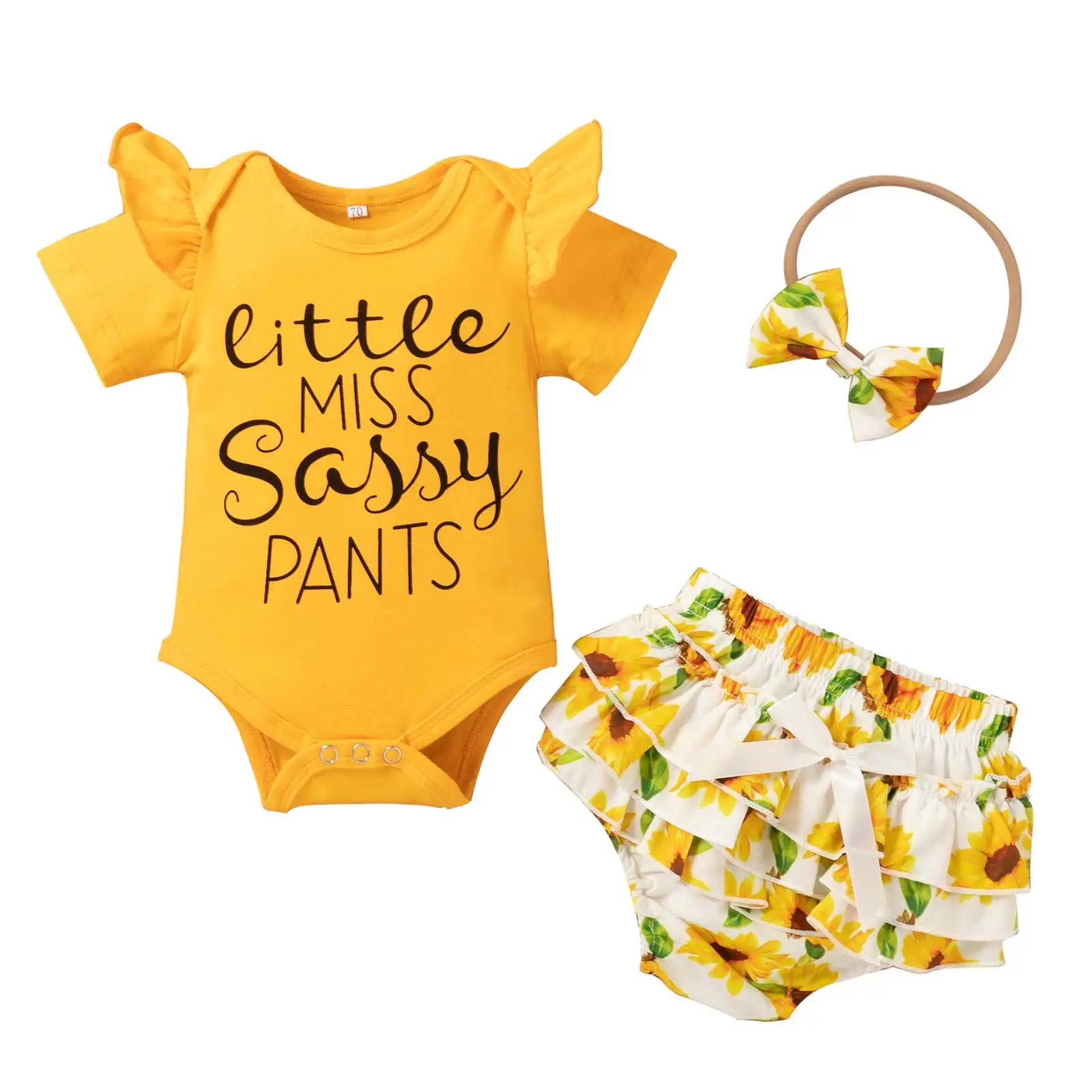 

Kids Suit Set Girls Letter Print O-Neck Short Sleeve Romperand Sunflower Print Shorts and Headband for Summer