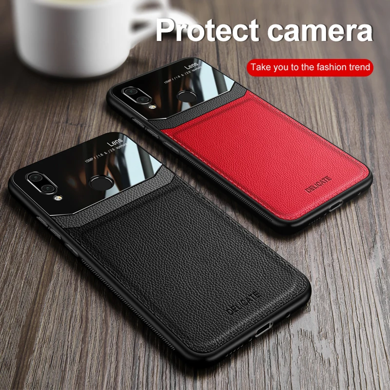 

Leather Mirror glass Silicone phone Case For Xiaomi Redmi K20 9T MAX 2 3 8 9 Note 7 8 Lite Pro Leather Grain Back Cover Case