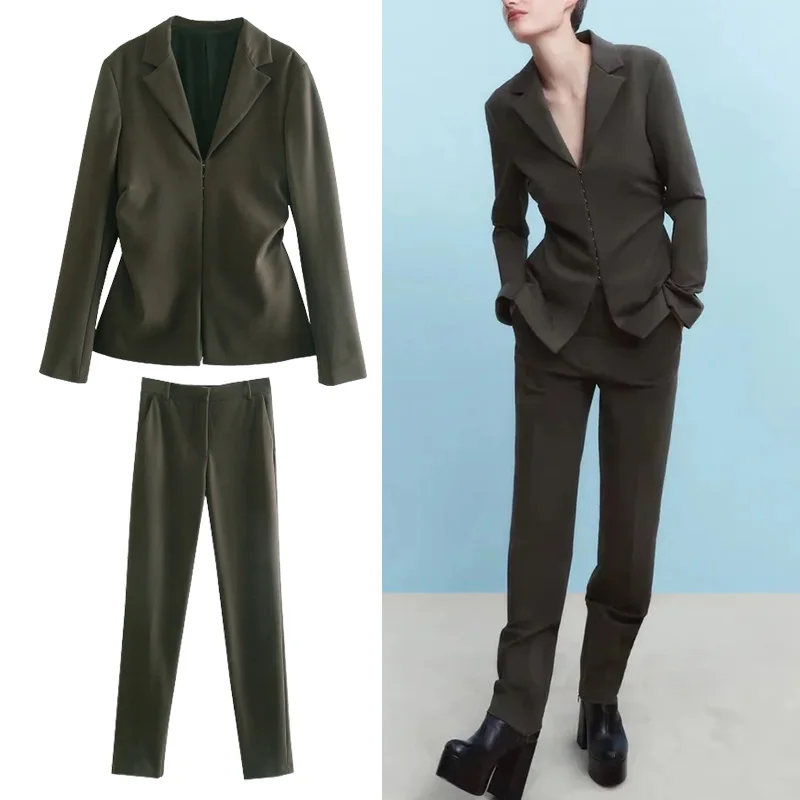 

TRAF Za 2021 Trouser Suits Woman Pleating Decoration Blazer Zipper Decoration Straight Pants Women Autumn Suit