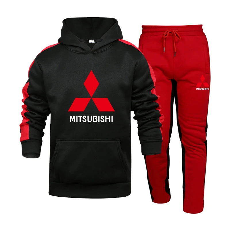 

MITSUBISHI Tracksuit Car Logo Print Men Sets Jogging Sportswear Splicing Hoodie+Pants Running Suits Fleece Casual Sports Wear