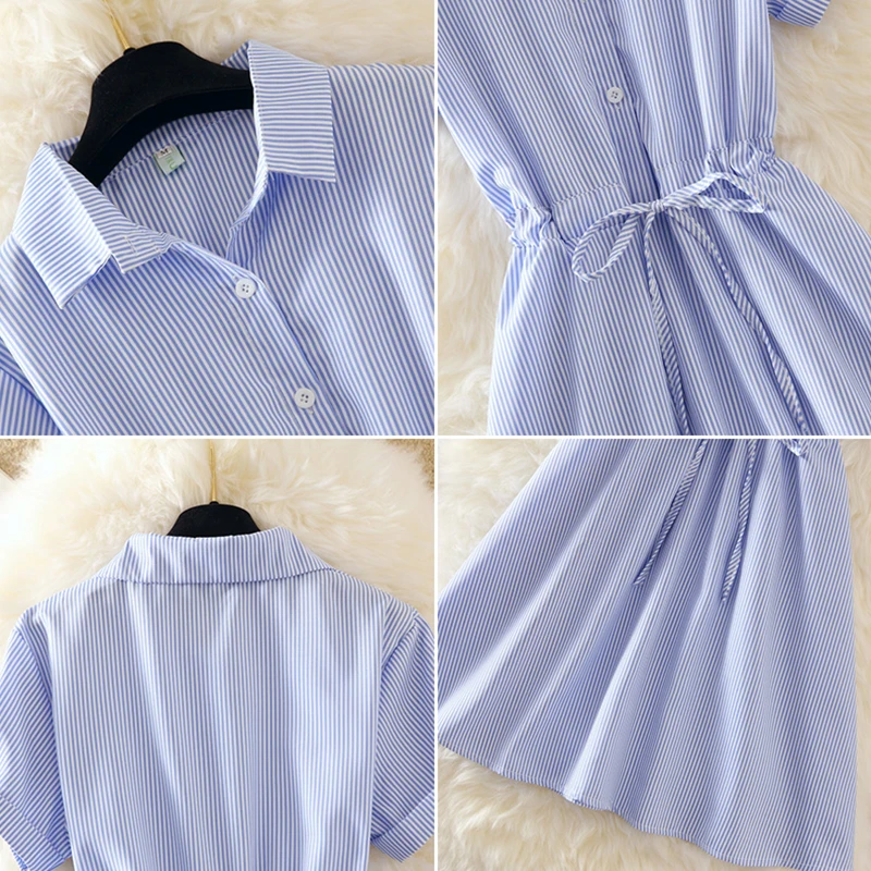 Женское летнее платье в полоску элегантное офисное рубашка с коротким рукавом и