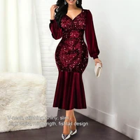 popular evening dress long sleeve women sequin v neck dress formal bodycon dress mid dress
