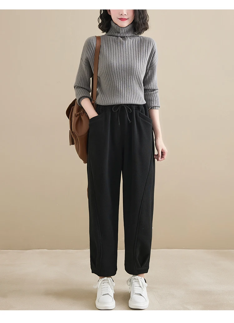 Winter New Trendy Warm Fleece Thick Oversize Loose Casual Trouser Women Solid Color Elastic Waist Versatile Premium Sweatpants