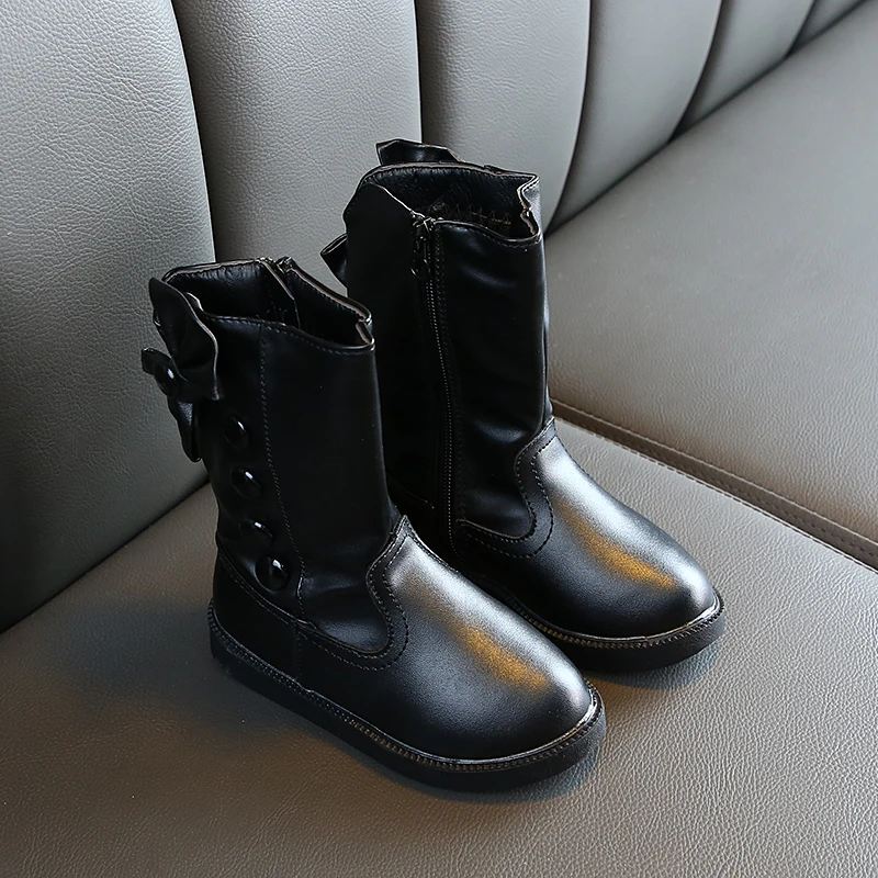 Зимние сапоги для девочек модные однотонные кожаные принцессы до колена теплые с