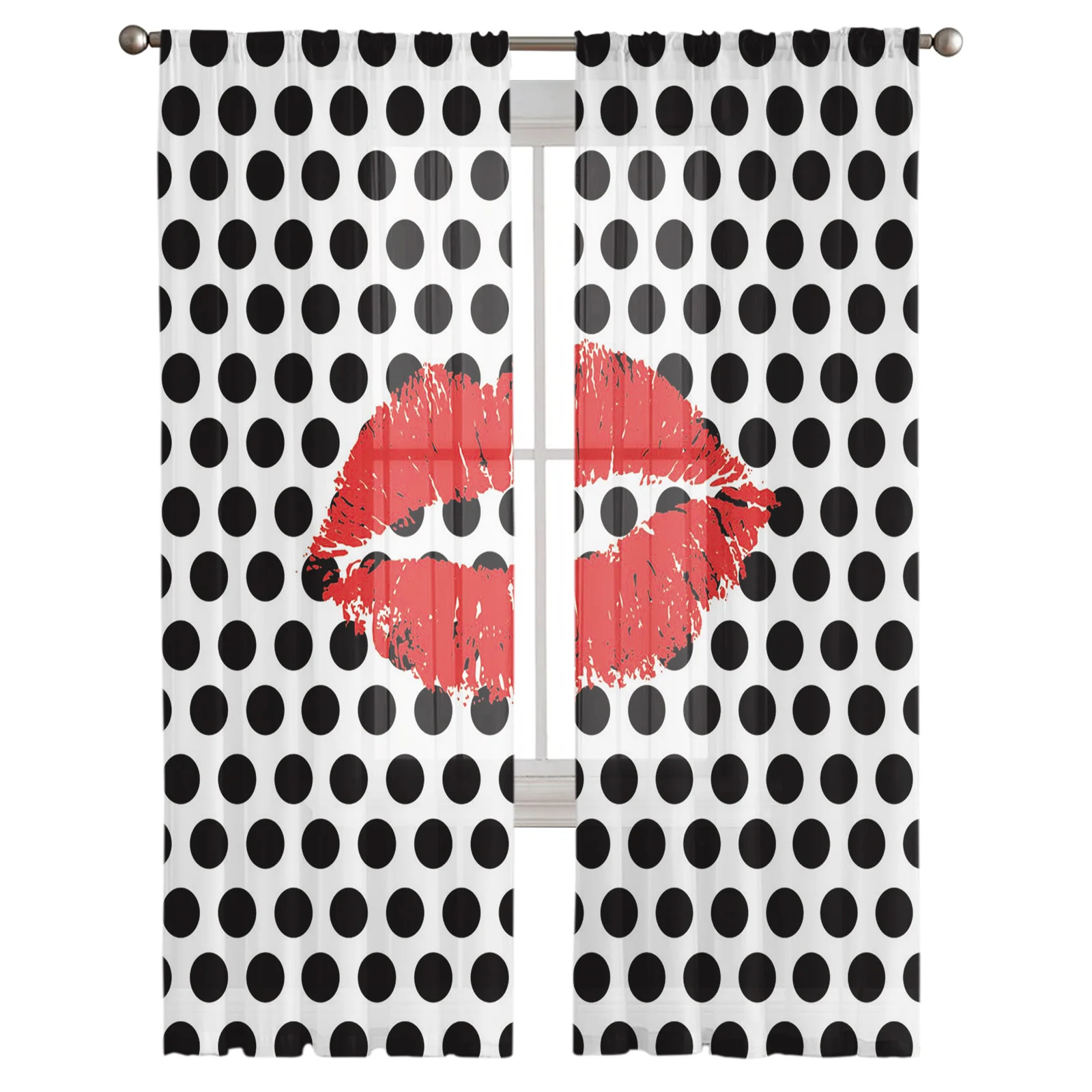 Черный с узором в горошек принтом виде красных губ сплошные оконные панельные