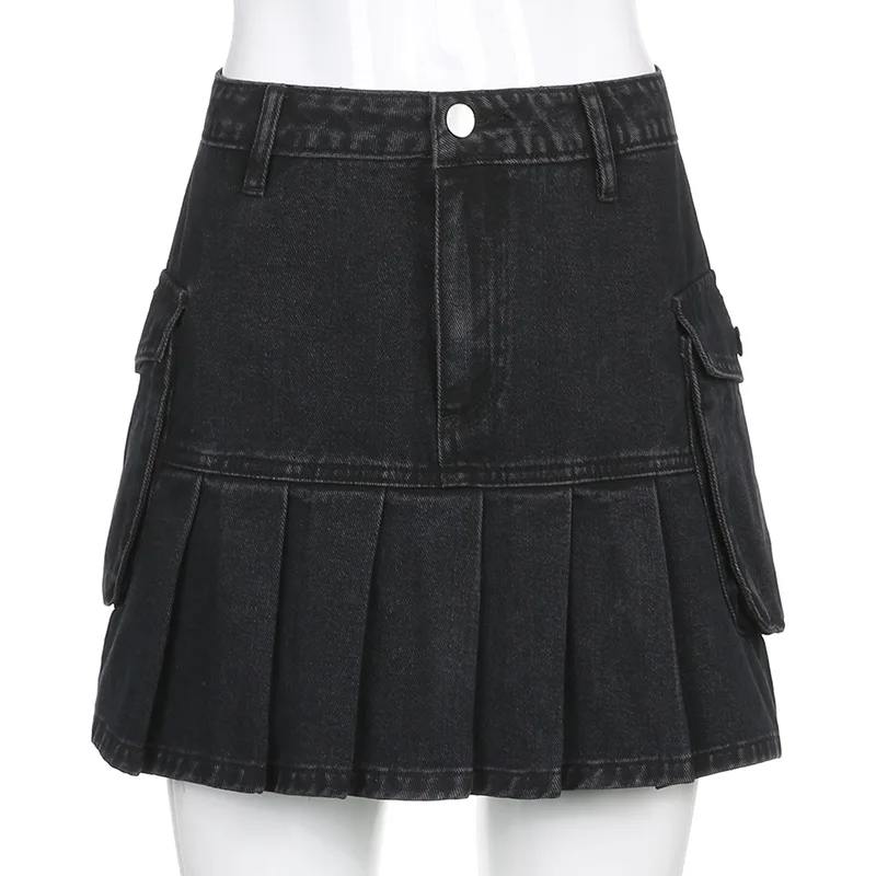 

2021 Mall Goth High Waist Jean Skirts Y2K Aesthetics Black Denim Pleated Skirts with Big Pockets Punk Style E-girl Outfits