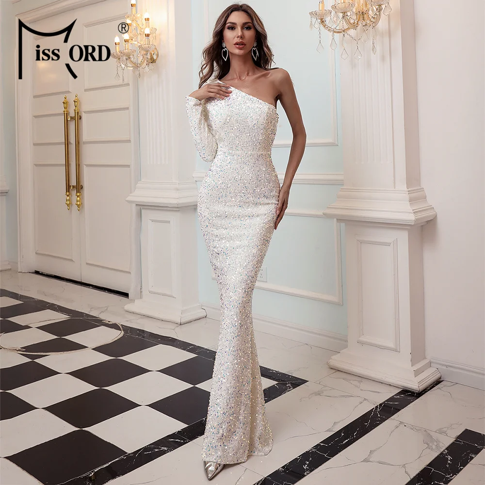 

Missord 2021 Women Irregular Neck One Shoulder Evening Party Dress Elegant Sequin Backless Bodycon Female Maxi Long Dress White