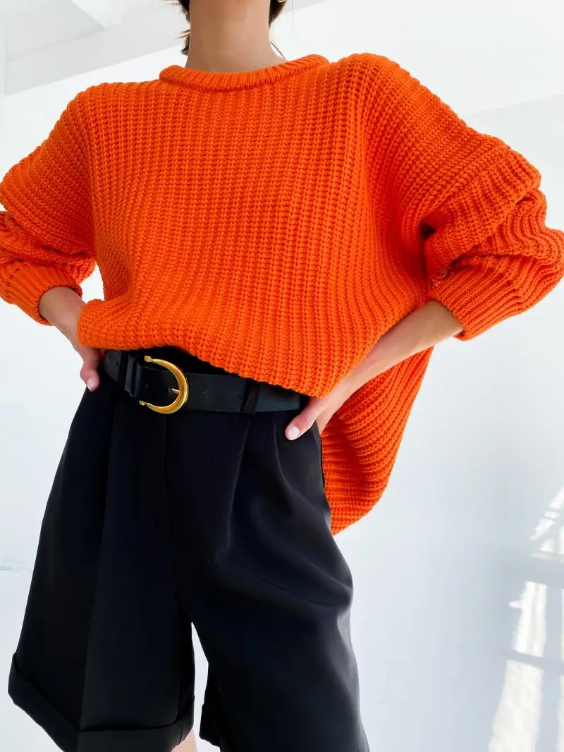

Orange Sweater Women Candy Color Round Neck Long-Sleeved Loose Temperament Sweater Autumn Fashion Commuter Solid Color Top 2021