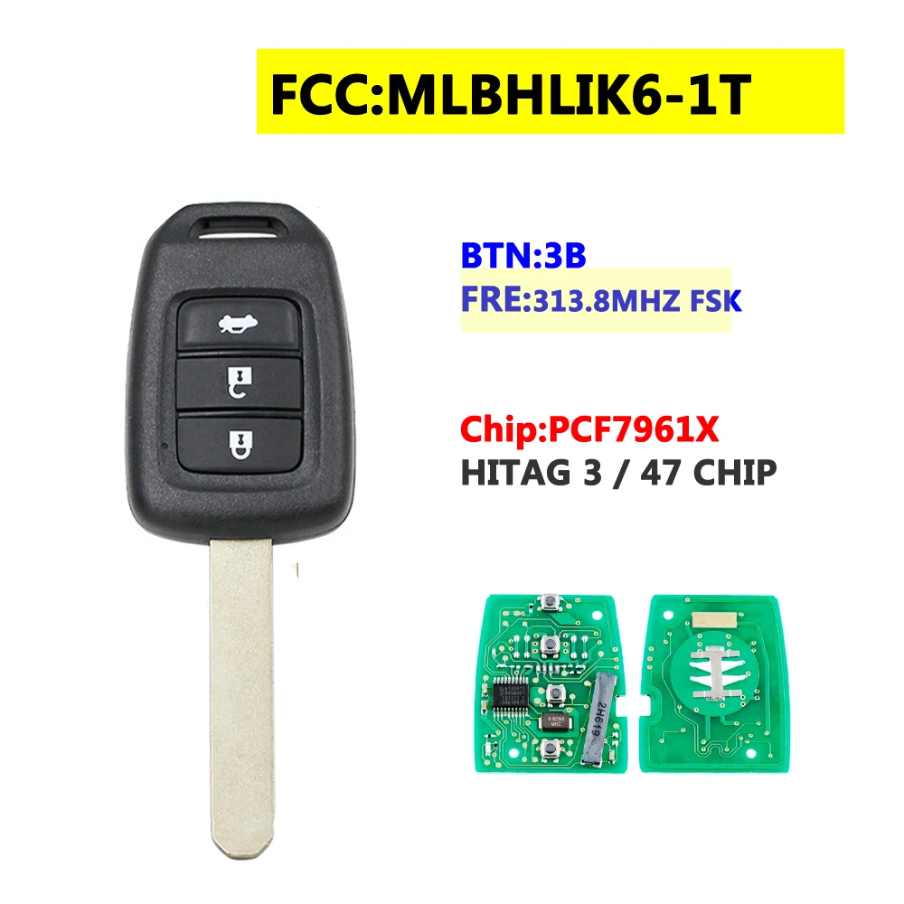 

XNRKEY MLBHLIK6-1T дистанционный ключ для Honda CRV HR-V 3Button 313,8 Mhz
