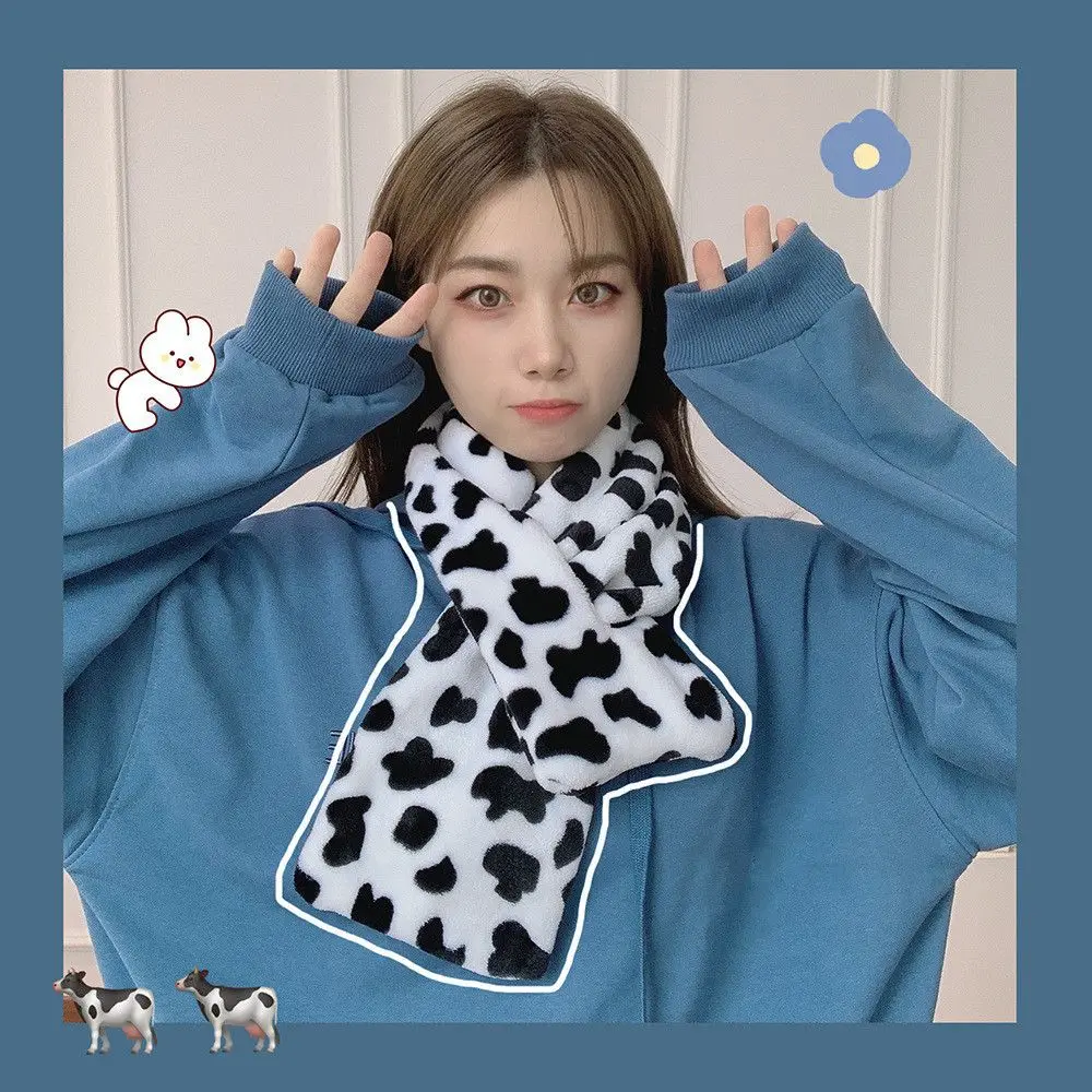 

All-match Hairy Easy to Wear Cute Thick Warm Plush Scarf Cross Scarf Black and White Cow Spots Leopard Dot