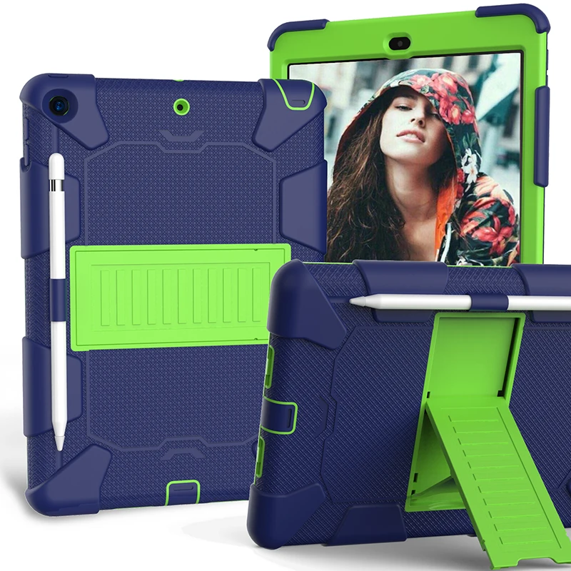 navy green Прочный силиконовый чехол с подставкой и карандашом для iPad 10,2 7-го поколения, противоударный защитный чехол+ ручка - Цвет: navy green