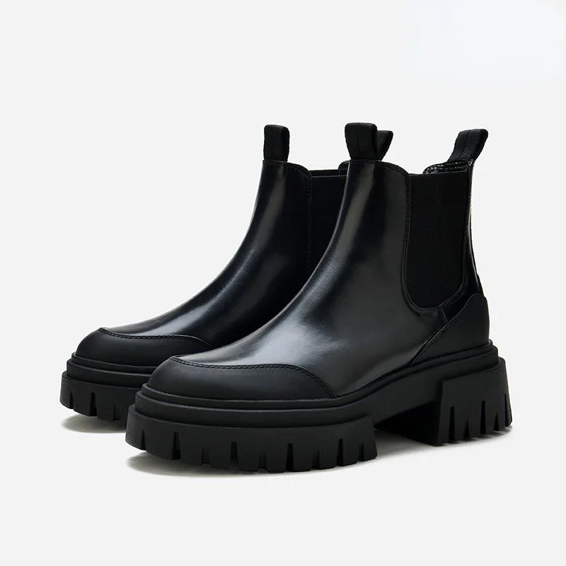 

2021 New Short Boots for Women Thick Bottom Round Toe Genuine Leather Boot Black Casual All-match Botas Warm Plush Boot Shoes