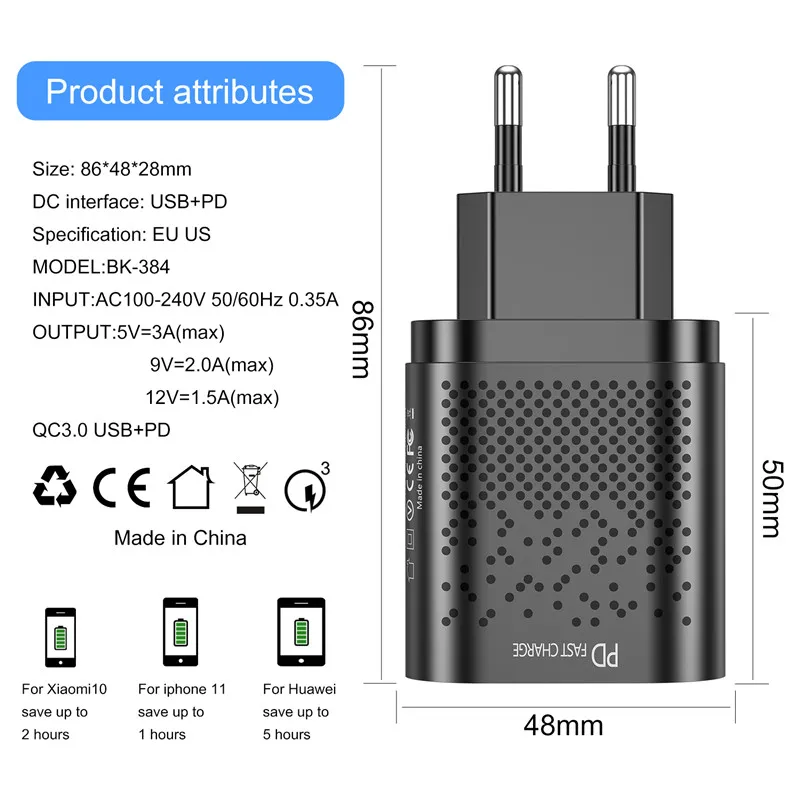 

PD QC3.0 18W 3A Quik Charge 3.0 USB Charger Mobile Phone Charger For iPhone 12 Samsung Xiaomi Fast Wall Chargers EU US Plug