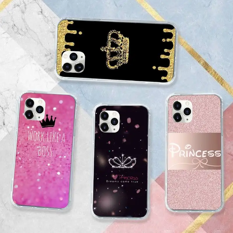 

Queen princess crown pink pattern Phone Case Transparent soft For iphone 12 11 13 7 8 6 s plus x xs xr pro max mini